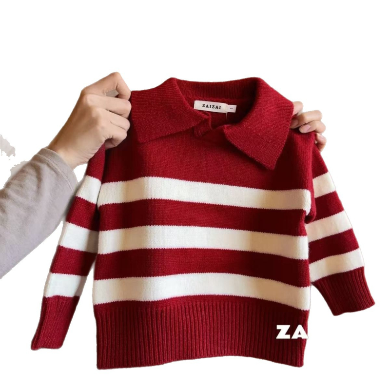 Dječji prugasti pleteni džemper, unisex, crvene boje, s polo ovratnikom