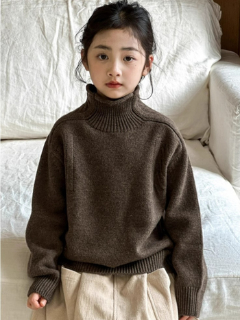 Kisgyermekeknek szóló korea-stílusú pulóver magas gallérral, gyapjú-keverék anyagból, őszi-téli szezonra, 8+ éveseknek