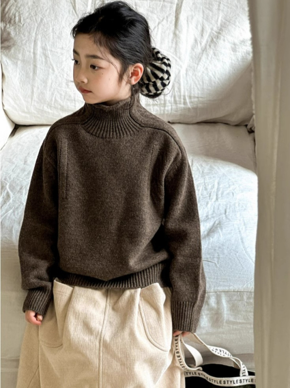 Kisgyermekeknek szóló korea-stílusú pulóver magas gallérral, gyapjú-keverék anyagból, őszi-téli szezonra, 8+ éveseknek