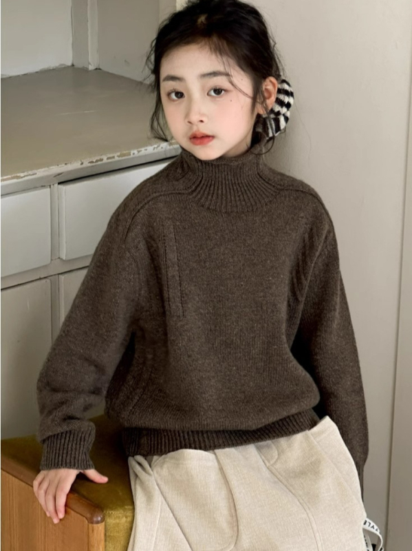 Kisgyermekeknek szóló korea-stílusú pulóver magas gallérral, gyapjú-keverék anyagból, őszi-téli szezonra, 8+ éveseknek