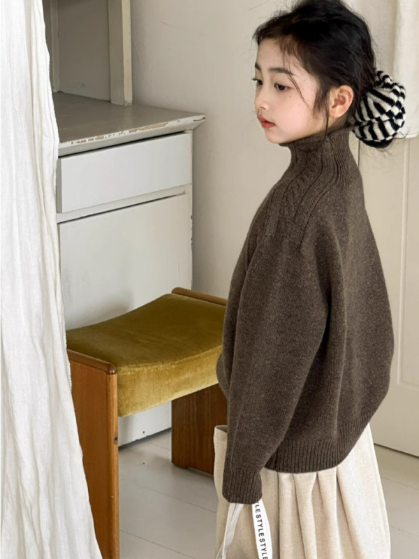 Kisgyermekeknek szóló korea-stílusú pulóver magas gallérral, gyapjú-keverék anyagból, őszi-téli szezonra, 8+ éveseknek