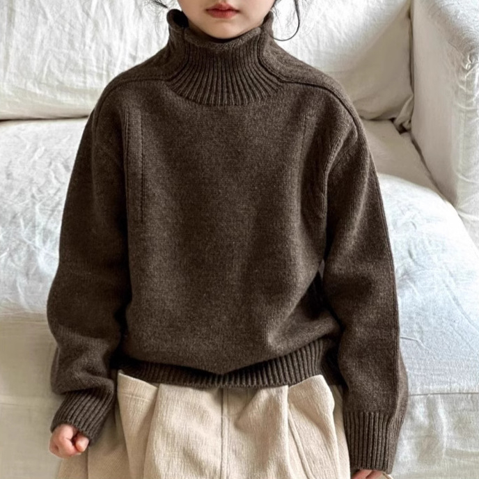 Kisgyermekeknek szóló korea-stílusú pulóver magas gallérral, gyapjú-keverék anyagból, őszi-téli szezonra, 8+ éveseknek
