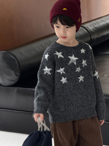 Dječji pulover s korejskim stilom, zvjezdani jacquard, debeli pleteni materijal, topao, 50% akril, za djecu 3-8 godina, zima