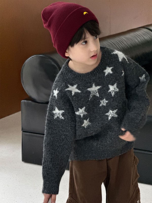 Dječji pulover s korejskim stilom, zvjezdani jacquard, debeli pleteni materijal, topao, 50% akril, za djecu 3-8 godina, zima