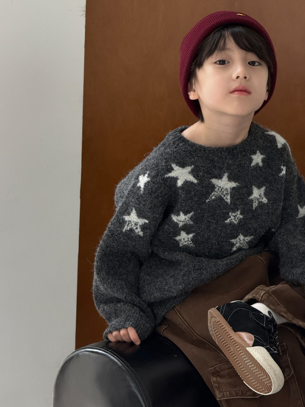 Dječji pulover s korejskim stilom, zvjezdani jacquard, debeli pleteni materijal, topao, 50% akril, za djecu 3-8 godina, zima