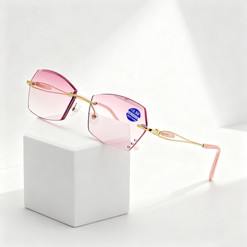 Keret nélküli olvasó szemüveg, gyémántvágott él, anti-kék fény, PC lencsék, fém keret, HD látás