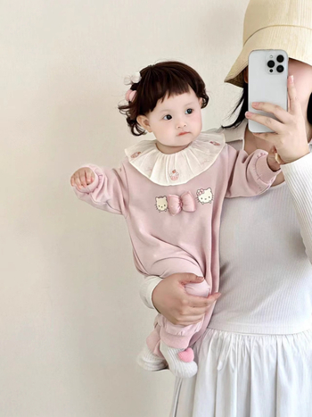 Pamut bébi overál, hercegnő-stílusú, galléros lotusleveles, hosszú ujjú, pulóver, tavasz–őszre, 1–3 éveseknek