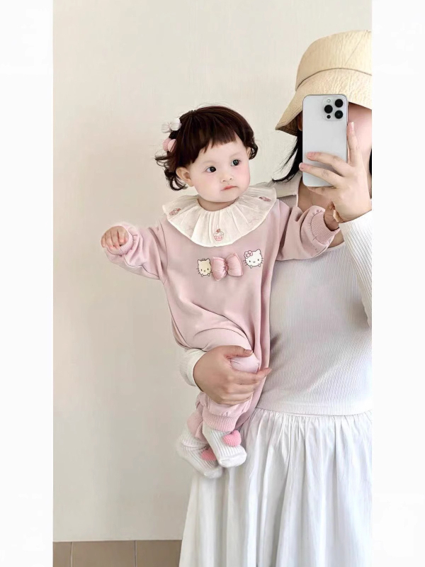 Pamut bébi overál, hercegnő-stílusú, galléros lotusleveles, hosszú ujjú, pulóver, tavasz–őszre, 1–3 éveseknek