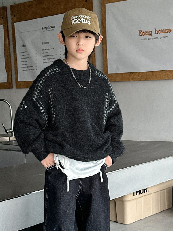 Fiúknak szóló pamut kötött pulóver, hosszú ujjú, vast anyag, őszi-téli szezon, 80% pamut