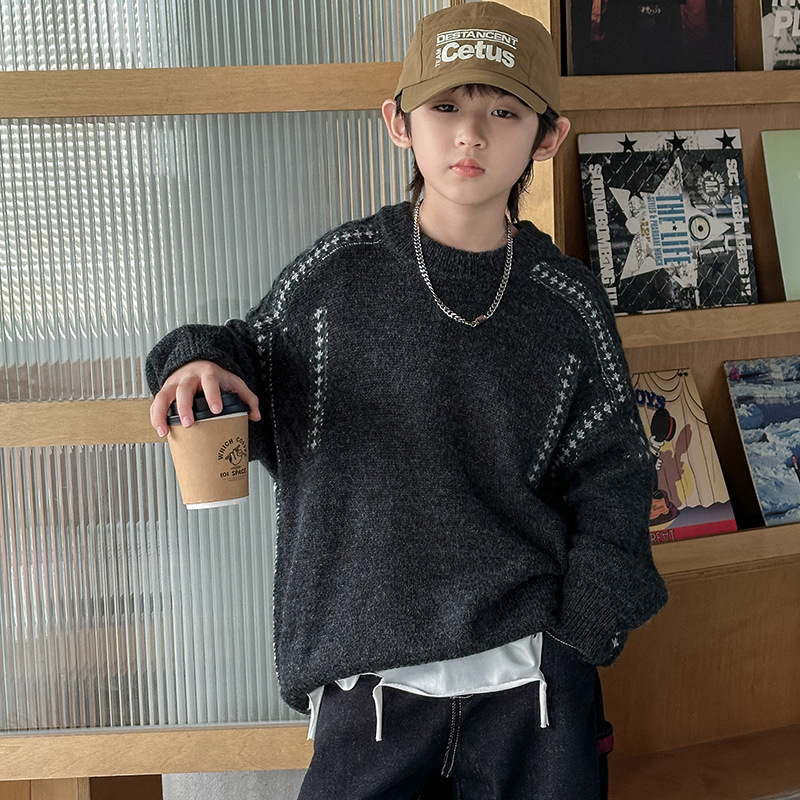 Fiúknak szóló pamut kötött pulóver, hosszú ujjú, vast anyag, őszi-téli szezon, 80% pamut