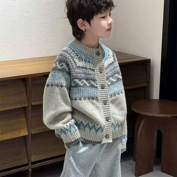 Zēnu adīta kardigāna rudens sezonai, bieza poliestera auduma, garas piedurknes, bez kapuces