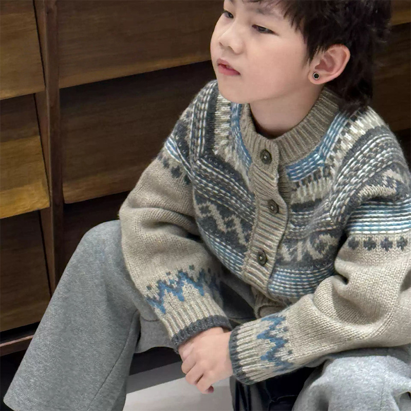 Zēnu adīta kardigāna rudens sezonai, bieza poliestera auduma, garas piedurknes, bez kapuces