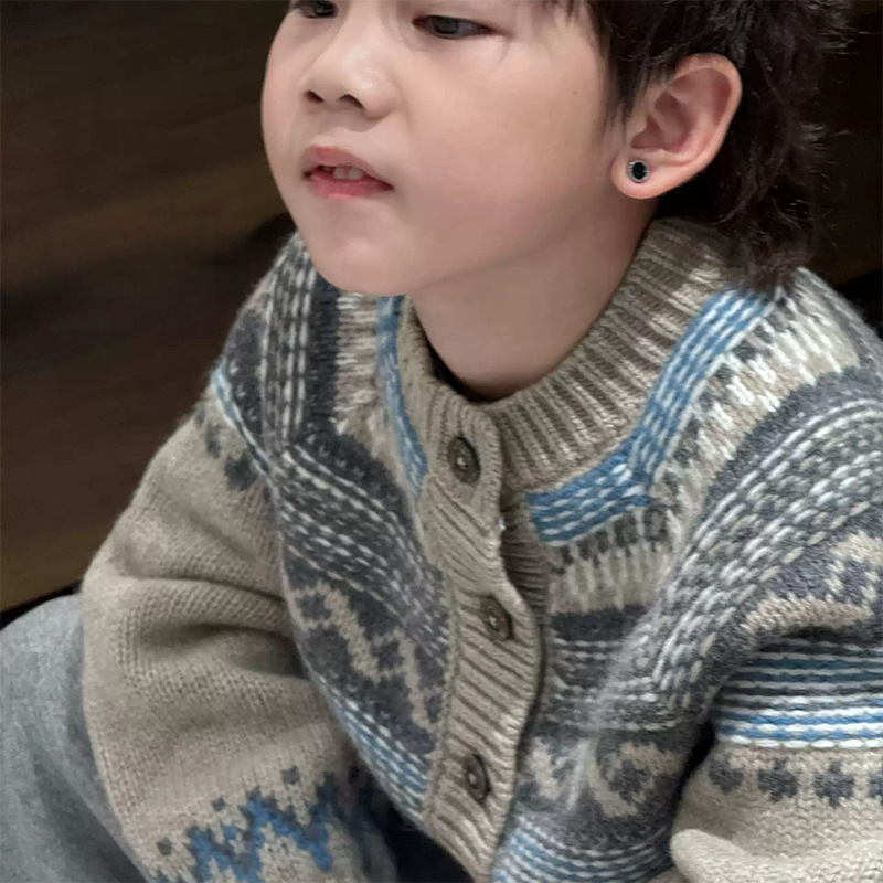 Zēnu adīta kardigāna rudens sezonai, bieza poliestera auduma, garas piedurknes, bez kapuces