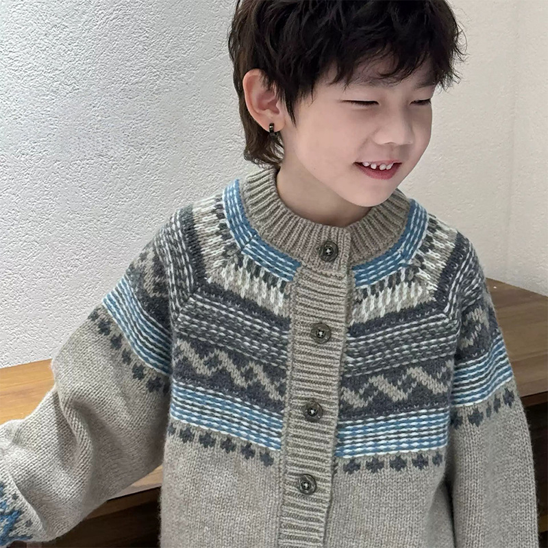 Zēnu adīta kardigāna rudens sezonai, bieza poliestera auduma, garas piedurknes, bez kapuces