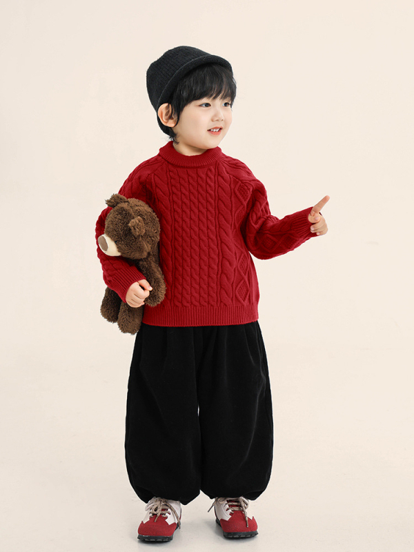 Bērnu adīts džemperis, Korejas stilā, bieza akrila jaucējuma (40% akrils/30% neilons/30% poliesters), apaļš kakls, garas piedurknes, vecuma grupa 3–8 gadi, ziema