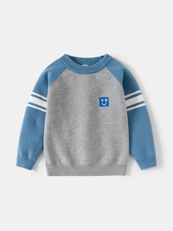 Dječji pulover za dječake od finog pamuka, jednostruki pleteni pulover s motivom osmijeha, raglan rukavi, jesen-zima
