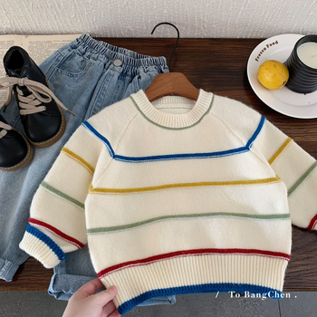 Unisex bērnu džemperis adīts korejiskā stilā ar svītrām, 45% akrils, garās piedurknes, apaļais kakla izgriezums