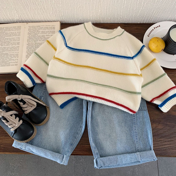 Unisex bērnu džemperis adīts korejiskā stilā ar svītrām, 45% akrils, garās piedurknes, apaļais kakla izgriezums