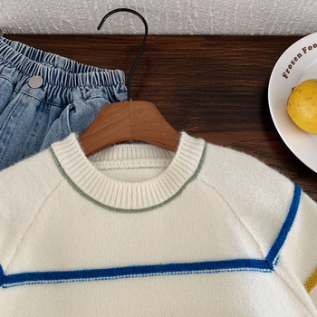 Unisex bērnu džemperis adīts korejiskā stilā ar svītrām, 45% akrils, garās piedurknes, apaļais kakla izgriezums