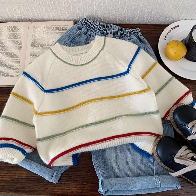 Unisex bērnu džemperis adīts korejiskā stilā ar svītrām, 45% akrils, garās piedurknes, apaļais kakla izgriezums