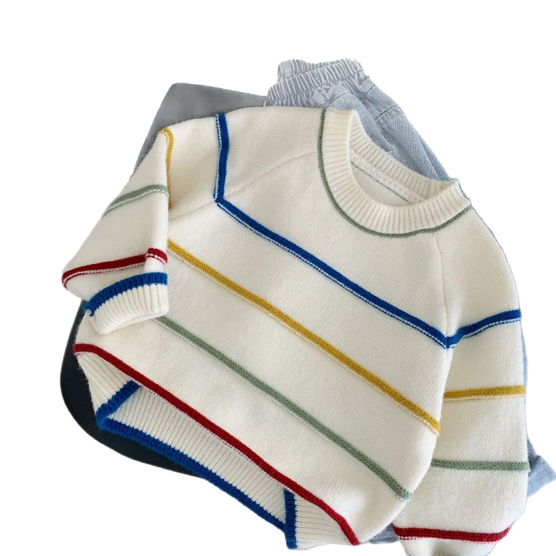 Unisex bērnu džemperis adīts korejiskā stilā ar svītrām, 45% akrils, garās piedurknes, apaļais kakla izgriezums