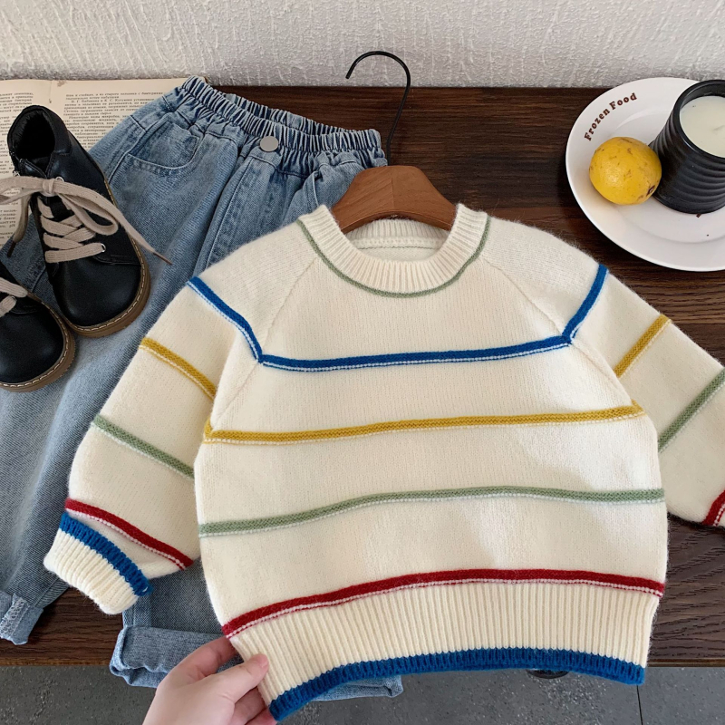 Unisex bērnu džemperis adīts korejiskā stilā ar svītrām, 45% akrils, garās piedurknes, apaļais kakla izgriezums