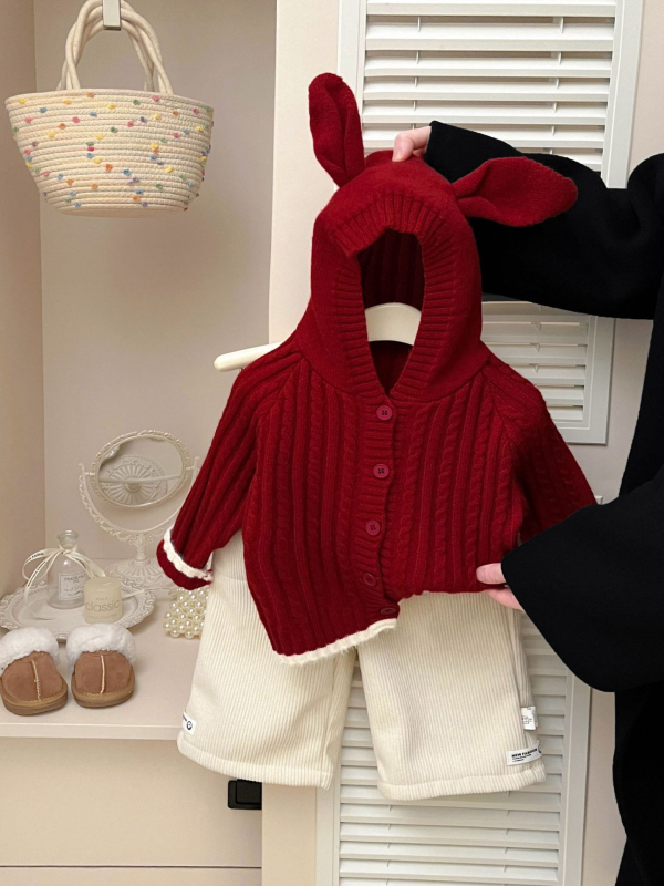 Dječji kapuljački pleteni kardigan s ušima zeca — unisex, akrilna vlakna, gusto pletenje