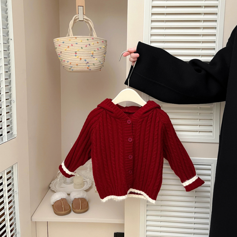Dječji kapuljački pleteni kardigan s ušima zeca — unisex, akrilna vlakna, gusto pletenje