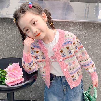 Meiteņu kardigāns sviters ar cartoon rakstu, garas piedurknes, vienu pogu aizdare, poliestera flīss audums