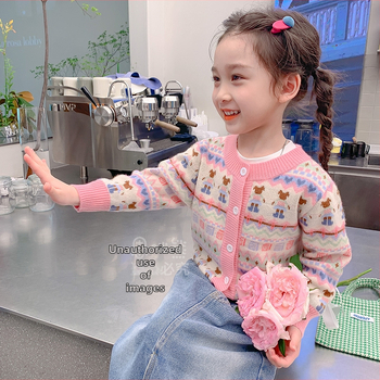 Meiteņu kardigāns sviters ar cartoon rakstu, garas piedurknes, vienu pogu aizdare, poliestera flīss audums