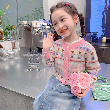 Meiteņu kardigāns sviters ar cartoon rakstu, garas piedurknes, vienu pogu aizdare, poliestera flīss audums