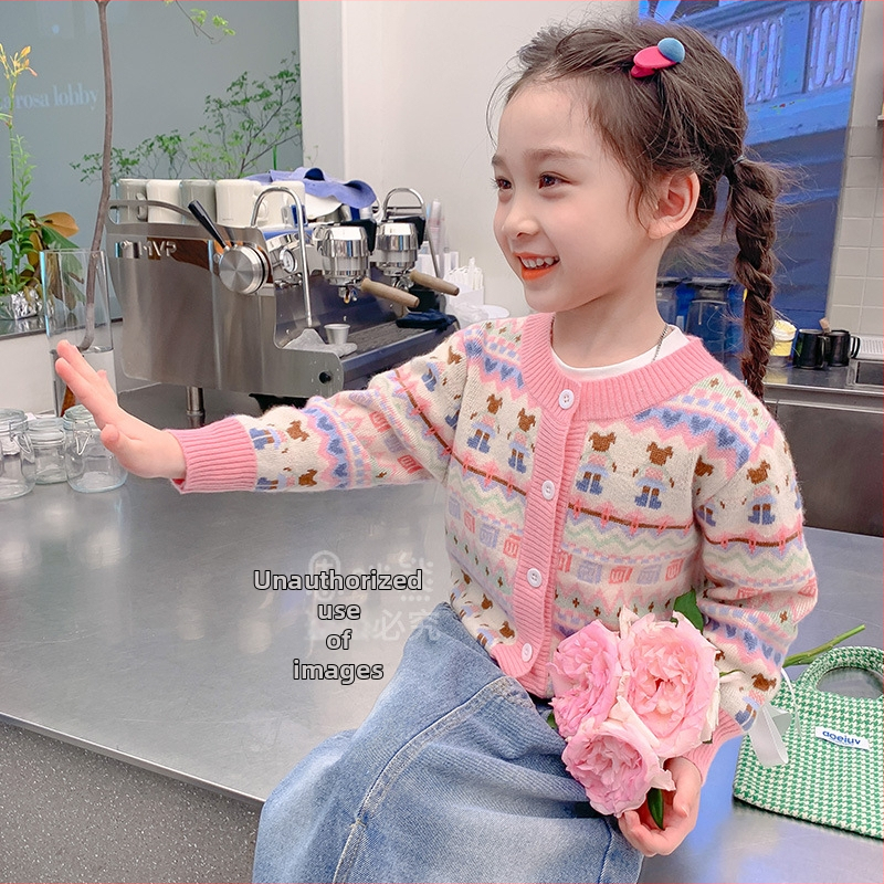 Meiteņu kardigāns sviters ar cartoon rakstu, garas piedurknes, vienu pogu aizdare, poliestera flīss audums