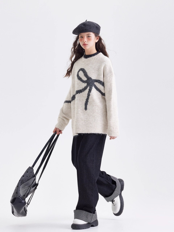 Bērnu džemperis ar apaļu kaklu, garām piedurknēm, Korejas stils, rudens-ziemas 2025, mīksts adīts