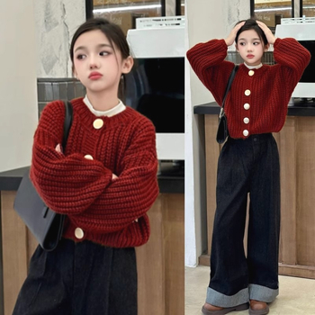 Meitenēm paredzēts adīts kardigans džemperis, korejiska stila, garas piedurknes, apaļš kakls, vienas rindas pogu aizdare, rudens-ziemas 2024, vienkrāsains poliestera džemperis