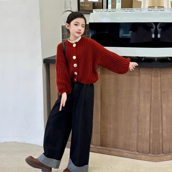 Meitenēm paredzēts adīts kardigans džemperis, korejiska stila, garas piedurknes, apaļš kakls, vienas rindas pogu aizdare, rudens-ziemas 2024, vienkrāsains poliestera džemperis