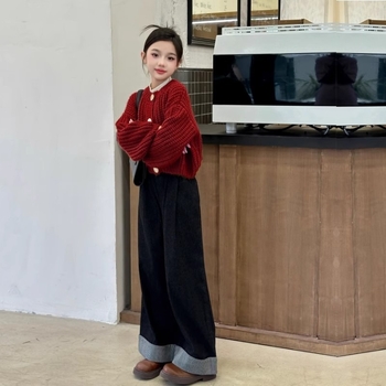 Meitenēm paredzēts adīts kardigans džemperis, korejiska stila, garas piedurknes, apaļš kakls, vienas rindas pogu aizdare, rudens-ziemas 2024, vienkrāsains poliestera džemperis