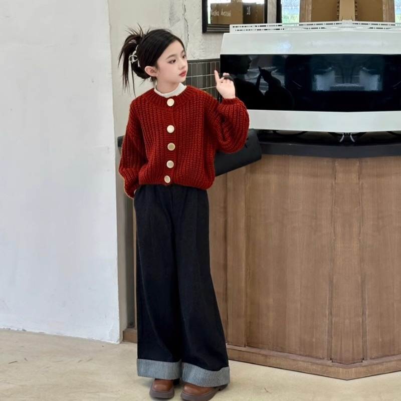 Meitenēm paredzēts adīts kardigans džemperis, korejiska stila, garas piedurknes, apaļš kakls, vienas rindas pogu aizdare, rudens-ziemas 2024, vienkrāsains poliestera džemperis