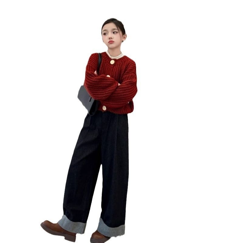 Meitenēm paredzēts adīts kardigans džemperis, korejiska stila, garas piedurknes, apaļš kakls, vienas rindas pogu aizdare, rudens-ziemas 2024, vienkrāsains poliestera džemperis