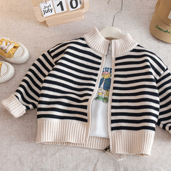 Bērnu svītrainu adītu kardigānu ar rāvējslēdzēju, 95% kokvilna, pavasaris un rudens