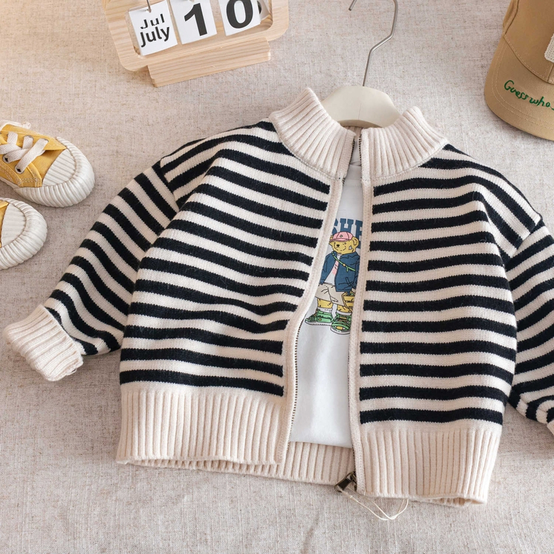 Bērnu svītrainu adītu kardigānu ar rāvējslēdzēju, 95% kokvilna, pavasaris un rudens