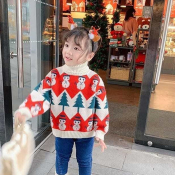 Meiteņu džemperis Korejas stilā rudens-zima, augsts apkaklis, garas piedurknes, karikatūru apdruka, 95% akrils, vidēja biezuma, vecums 3-8 gadi