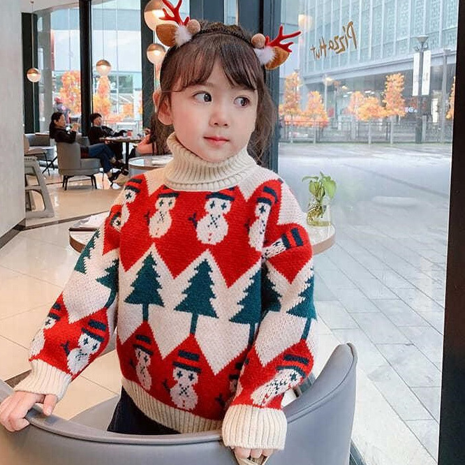 Meiteņu džemperis Korejas stilā rudens-zima, augsts apkaklis, garas piedurknes, karikatūru apdruka, 95% akrils, vidēja biezuma, vecums 3-8 gadi