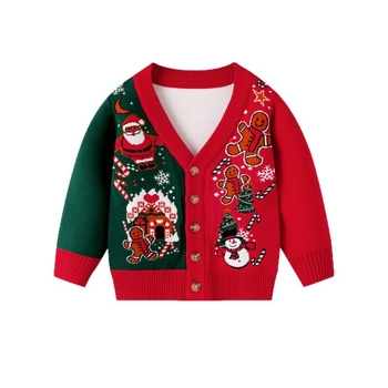 Bērnu džemper-kardigans ar džakarda rakstu, adīts materiāls ar viskozi 71,7%, garas piedurknes, apaļš kakla izgriezums, vienrindu pogu aizdare.