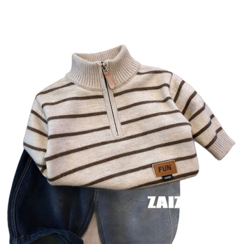 Dječji debeli pleteni džemper u korejskom stilu za dječake, jesen-zima, polu-zip, prugast