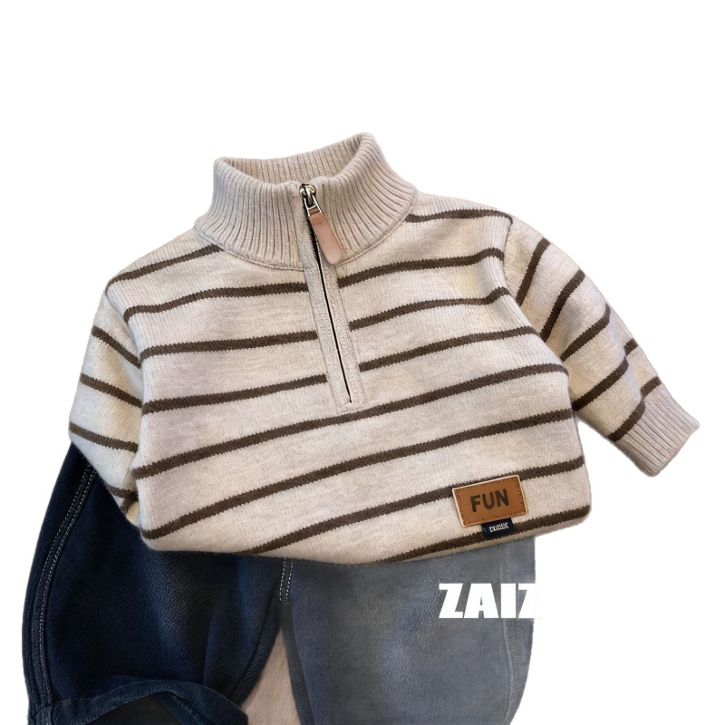 Dječji debeli pleteni džemper u korejskom stilu za dječake, jesen-zima, polu-zip, prugast