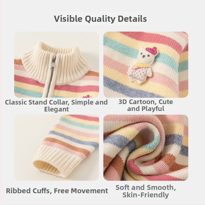 Meitenēm svītrainais adītais džemperis, biezs, 95% kokvilna, stāva kakla, rāvējslēdzējs, garas piedurknes, ziemas/rudens sezona