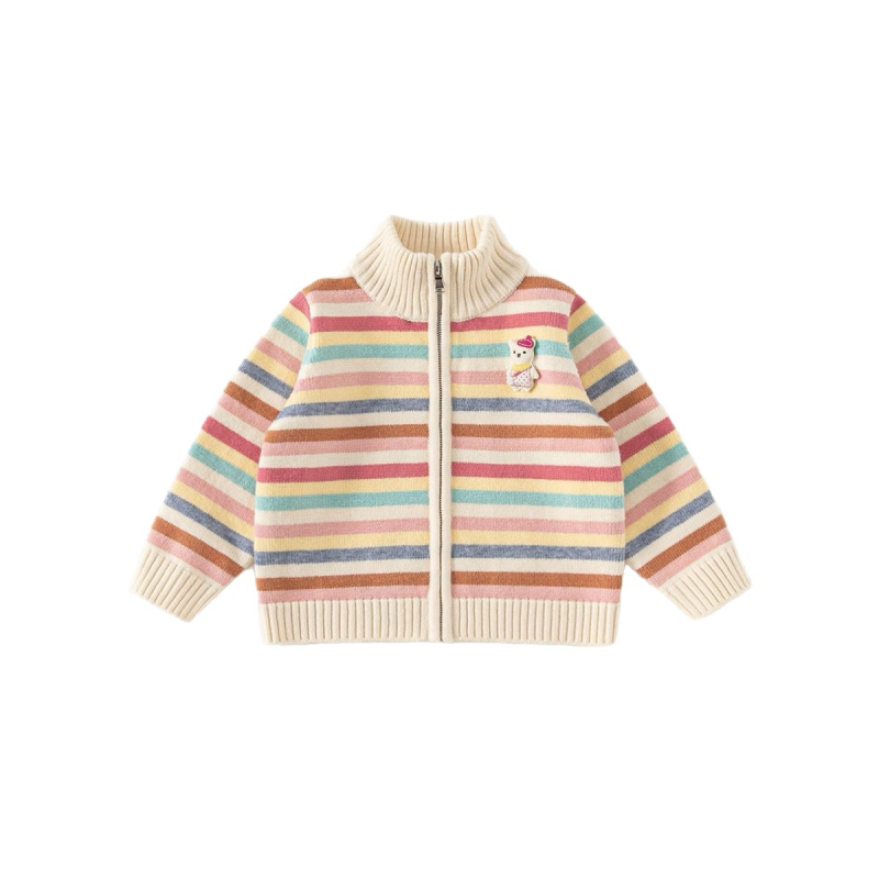 Meitenēm svītrainais adītais džemperis, biezs, 95% kokvilna, stāva kakla, rāvējslēdzējs, garas piedurknes, ziemas/rudens sezona