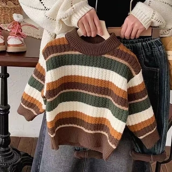 Bērnu svītrainais adītais džemperis, kokvilnas materiāls, biezs un silts, apaļa kakla, garas piedurknes, ziemas modelis