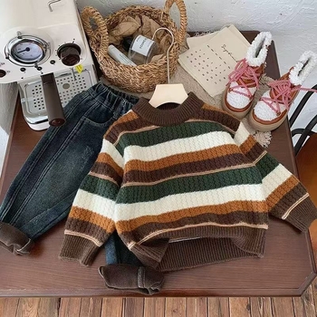 Bērnu svītrainais adītais džemperis, kokvilnas materiāls, biezs un silts, apaļa kakla, garas piedurknes, ziemas modelis