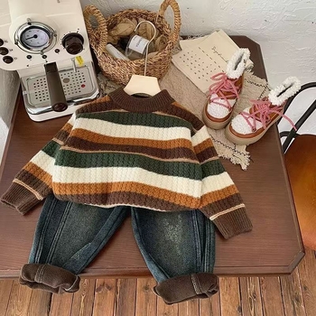 Bērnu svītrainais adītais džemperis, kokvilnas materiāls, biezs un silts, apaļa kakla, garas piedurknes, ziemas modelis